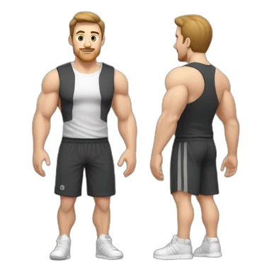 Full height Actively gesturing with hands Pale skinned Fit Man With the biceps and brown hair in dark gray Sleeveless Mike, black oversize sports shorts, watch and white Sneakers sticker