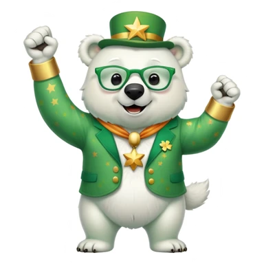 full body friendly anthropomorphised polar bear smiling, wearing large multicolored star-shaped glasses and festive St. Patrick's Day outfit, raising a fist in celebration sticker