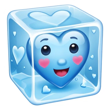 Ice cube with a flat mouthblue heart made of ice, inside an ice cube sticker