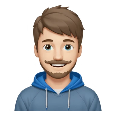 20 year old man, short scruffy beard and thin moustache, brown puffy mullet, blue eyes, big smile, white teeth, big lips, pronounced jaw, hair longer in back, sticking up on top, thin face, grey hooded sweatshirt, pale skin, big smile, blue eyes, puffy hair that is long in back, blue eyes, no bangs sticker