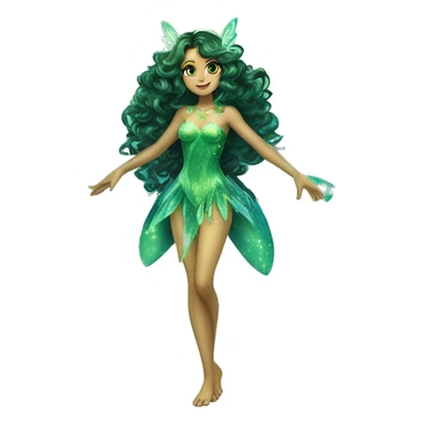 Aisha adult fairy of ocean / sea her enchantix fairy green / dark green sparkling two-piece clothing and fairy enchantix wings and long dark brown curlyhair in from winx club. Lots of sparkles and fairydust. Full body pic and full fairy bliss sticker