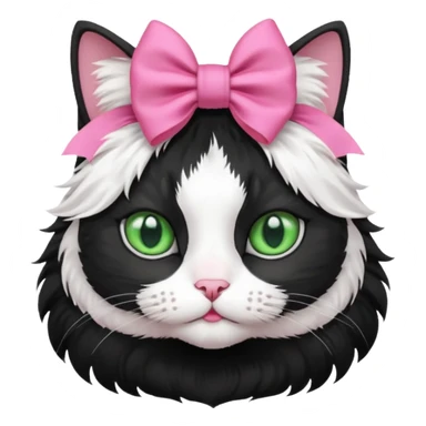A black and white cat with green eyes she has a bow on her head she’s kinda fluffy  sticker