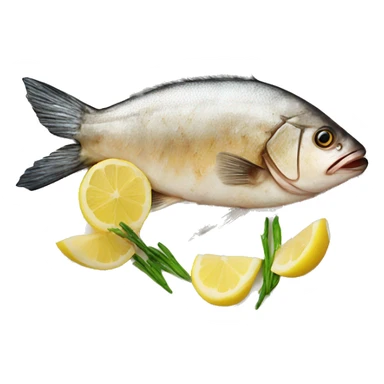 Realistic grilled fish on plate with lemon sticker