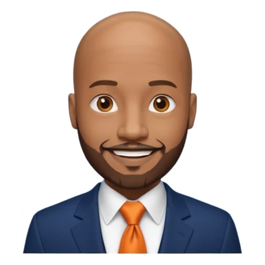 headshot of a sophisticated, stylish, bald head, smiling Caribbean black man with a beard and goatee in a navy blue suit, orange tie sticker