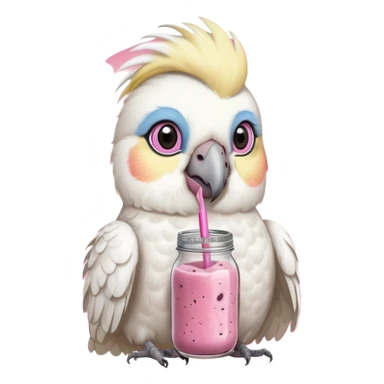 white cockatiel bird, holding mason jar with pink smoothie sticker