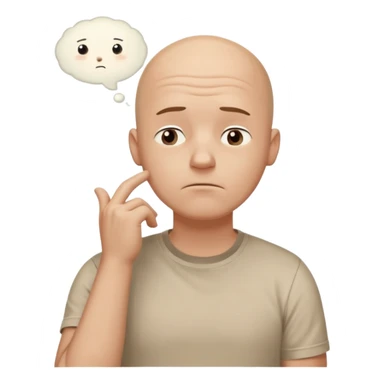 bald man with t-shirt, doubting face but not sad, hand on chin looking up, thought bubble sticker