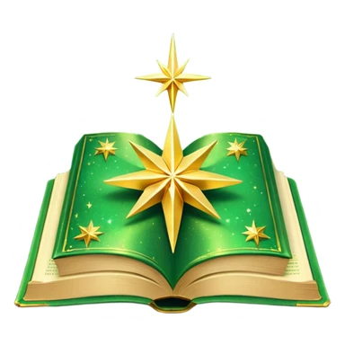 A **green, opened glowing book** with **golden edges**, floating with **sparkles and magical wisps** around it. The cover features a **golden starburst sigil**, symbolizing charm and radiance. ✨📖 sticker