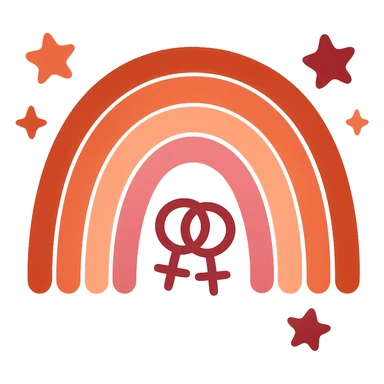 Make the sparkly rainbow more explicitly lesbian by using the lesbian pride flag colors and adding playful double venus or interlocked female symbols. Keep it cute and sparkly, no text, with no background. sticker