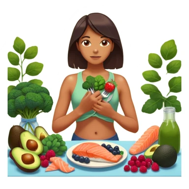 A glowing, energized person stands barefoot in morning sunlight, surrounded by vibrant greens and whole foods—berries, salmon, avocado, broccoli. One hand rests on their heart, the other holding a fork like a tool. Behind them, toxic foods fade into shadow. Their body radiates light from within sticker