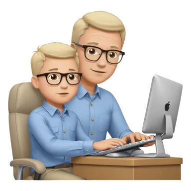 Middle aged man with glasses working at his desk, with his child sitting behind him on the headrest of his chair looking at his computer sticker