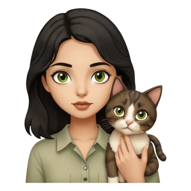 Girl with a medium length black wavy hair, brown big eyes, small lips, pointed nose, straight eyebrows, with olive skin (tanned and brownzy), wairing a beige shirt and holding a white cat with little brown prints and have a green eyes  sticker