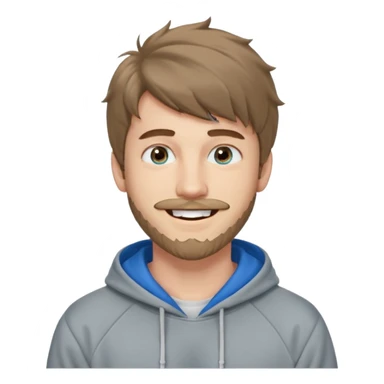 20 year old man, short scruffy beard and thin moustache, brown puffy mullet, blue eyes, big smile, white teeth, big lips, pronounced jaw, hair longer in back, sticking up on top, thin face, grey hooded sweatshirt, pale skin, big smile, blue eyes, puffy hair that is long in back sticker