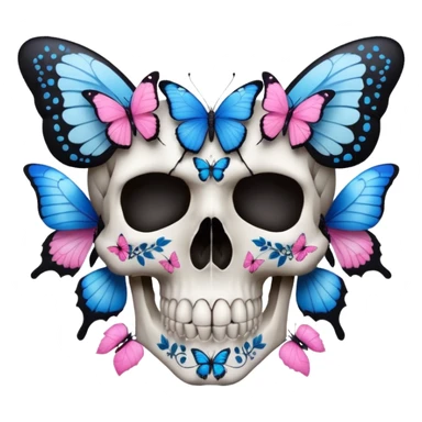 White skull with blue and pink butterflies, leaves, and black intricate patterns sticker