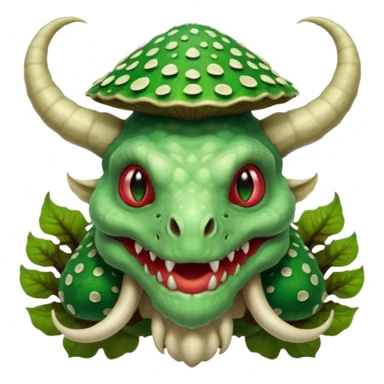 poisonous mushroom dragon beast portrait, head and shoulders only, face covered in mushroom plates, glowing green spores, fungal horns, mushroom cap scales, fantasy creature, 3D cartoon, mobile game icon style, clean background, no text, no watermark

 sticker