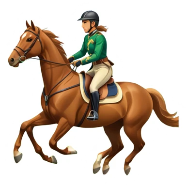 An icon featuring a horse and rider galloping gracefully over a lush green field. The rider is in full gear, guiding the horse with precision. The background shows rolling hills, a clear blue sky, and vibrant sunlight illuminating the scene. Transparent background highlights the elegance sticker