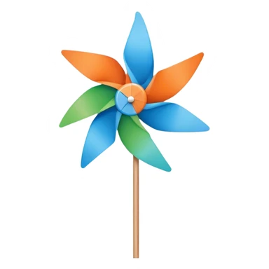 A pinwheel with 4 blades, using teh colors orange, light blue, blue and green, like a airflow logo. Add a woodstick sticker