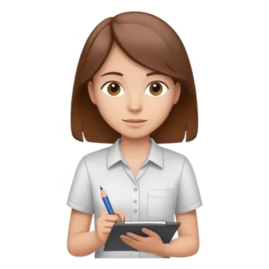 Intern or volunteer with brown hair holding a clipboard and pencil, ready to take notes or assist. The character wears a simple shirt and has an eager posture sticker
