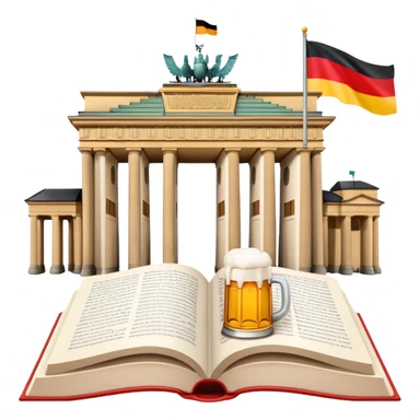 An icon featuring the Brandenburg Gate and the big flag of Germany, symbolizing the German language. The design includes an open book with German text and a stein of beer, representing language learning and German culture. Transparent background sticker