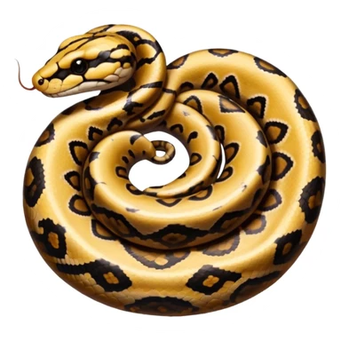 A photo-realistic top-down view of a Ball Python gently coiled into a tight spiral, with its head resting peacefully at the center. Its scales are warm brown with bold, irregular black markings, including the distinctive “alien-head” pattern, flowing smoothly along its body.  sticker