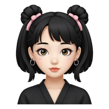 a beautiful girl face, wearing cute korean makeup, black hair, tied into two buns low near the ears with front bangs, kpop idol sticker