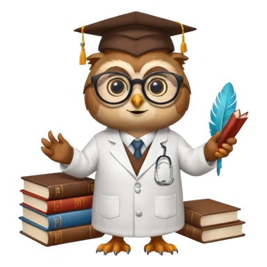 Wise owl with glasses, wearing a lab coat, perched on a stack of books. sticker