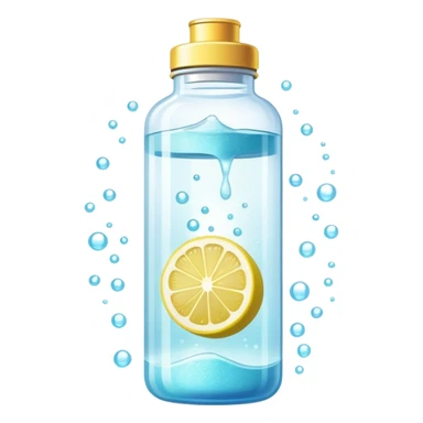 Ethereal glowing water bottle with floating lemon slice and sparkling creatine powder, surrounded by magical aura sticker