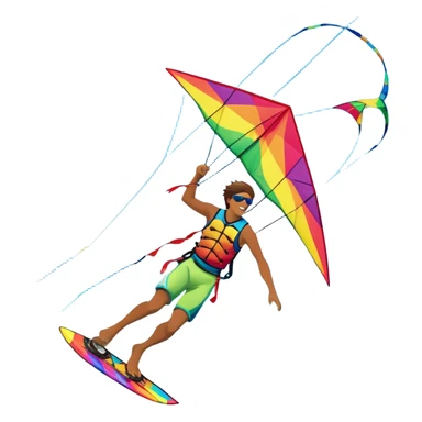 A vibrant kite soaring high in the sky, attached to a kiteboarder riding the waves below. The scene is filled with bright colors, capturing the energy of the sport. The background features the ocean, wind-blown waves, and a clear sky, showcasing the excitement and freedom of kiting. sticker