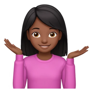 A portrait of a 14-year-old girl, he's got black hair, darkish skin and brown eyes. she's wearing a pink longsleeve. She's smiling a bit sticker