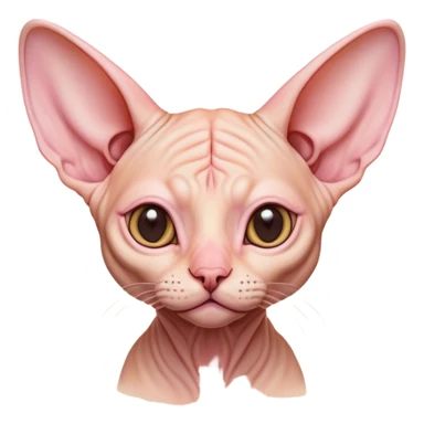 Cinematic Cute Sphynx Cat Portrait Emoji, Head tilted playfully and inquisitively, soft, wrinkled skin in warm peach and pink hues, oversized ears and wide, expressive eyes filled with curiosity, Simplified yet irresistibly adorable features, highly detailed, glowing with a warm, friendly glow, high shine, affectionate and lively, stylized with a touch of whimsy, bright and endearing, soft glowing outline, capturing the essence of a mischievous yet loving kitten, so playful it feels like it could pounce out of the screen and into your arms! sticker