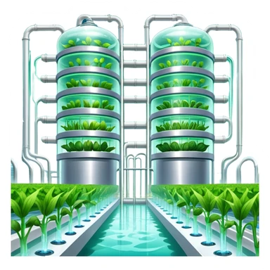 Exterior view of a futuristic hydroponic farm with glowing neon pipes and transparent water channels, sleek buildings shaped like nutrient tanks, vegetables and wheat growing in vertical layers, surreal atmosphere, emoji-style, cartoony sticker