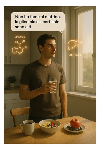 A realistic, cinematic illustration of a man in his early 30s with a lean, healthy build, standing calmly in a bright, minimal kitchen in the early morning. On the kitchen table, there is a prepared but untouched healthy breakfast (oatmeal, fruit, coffee). The man, with a neutral and focused expression, holds a glass of water while looking out of the window where morning sunlight enters. Above him, subtle glowing medical icons display: a glucose molecule, a cortisol hormone symbol, and a liver icon, indicating high morning blood sugar and cortisol levels. A small speech bubble or text overlay says: ‘Non ho fame al mattino, la glicemia e il cortisolo sono alti.’ The scene conveys a sense of calm, clarity, and body awareness, showing that the man consciously avoids breakfast due to physiological signals rather than restrizione. The style is realistic, warm, with a slight film grain, emphasizing health and conscious self-regulation. in italiano sticker