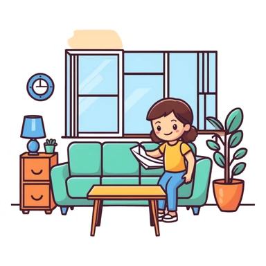 smiling girl arranging furniture in doll house sticker