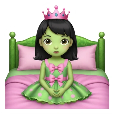 princess frog on bed pink bow with a pink dress cute girly pop black hair short baby bangs sticker