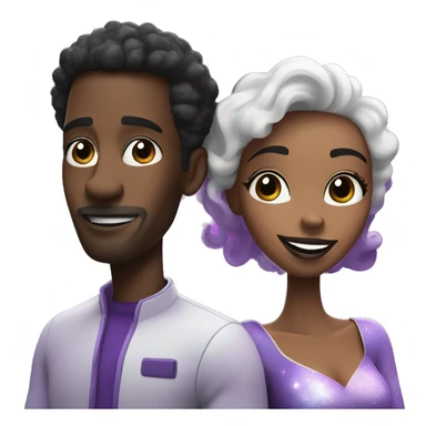 Create a photo of a black man and mixed woman who are married floating in a purple galaxy exploring together and madly in love in the cartoon style of Pixar animation sticker