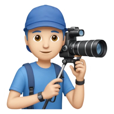 3D emoji-style icon of a photographer in side profile, wearing a blue cap backwards and a blue t-shirt, holding a professional camera with a long telephoto lens sticker