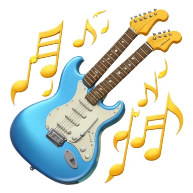 A 3D Apple-style emoji of a bold “ROCK” text written in shiny metallic letters, with an electric guitar leaning on the text, surrounded by small music notes and lightning bolts, energetic and powerful rock music vibe sticker