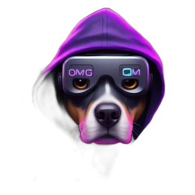 funny dog wearing a black hoodie with "OMG" letters on it and VR headset in a cyberpunk VR environment with violet neon lighting. sticker