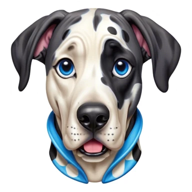Cinematic Comical Harlequin Great Dane Portrait Emoji, Head tilted dramatically with an exaggeratedly shocked or amused expression, featuring a striking coat of predominantly white with vivid black patches, wide, expressive blue eyes filled with playful disbelief, Simplified yet hilariously expressive features, highly detailed, glowing with a slightly sassy glow, high shine, dramatic yet playful, stylized with an air of cheeky charm, bright and endearing, soft glowing outline, capturing the essence of a spirited and over-the-top guardian, so meme-worthy it feels like it could side-eye its way into internet fame instantly! sticker