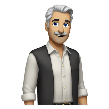 side a white man with blue eyes a thick dark brown and grey moustache, down turned black eyebrows and then dark grey hair he’s wearing an expensive watch and a white shirt and black dressy pants with beige loafers he’s looking at her smiling”  sticker