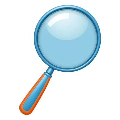 A stylized blue magnifying glass tilted right, flat design, minimalist, vibrant orange handle, white circular background, high resolution, 2048x2048 pixels, vector art, clean lines sticker