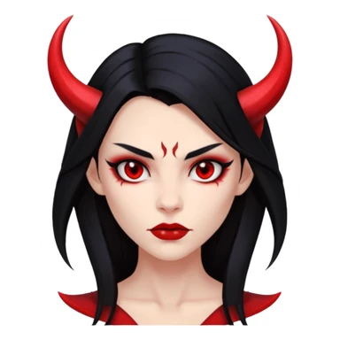 Head only demon girl, strong pronounced cheekbones, sharp angular jawline, skin fully pure red everywhere, long straight sleek black hair, small ho sticker