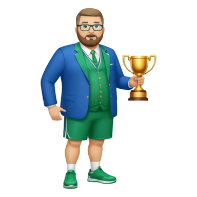 full body white obese male basketball coach with trophy. Goatee beard , Wearing glasses and blue and green suit sticker