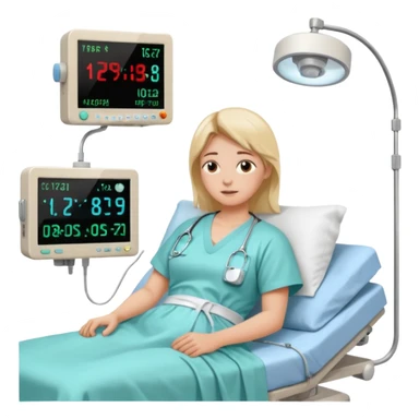 a PATIENT waking up before a surgery sleeping. And 1 monitor with vitals and numbers sticker