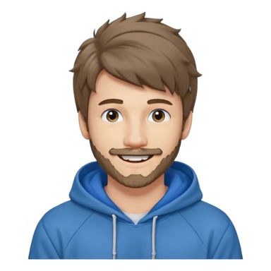 20 year old man, short scruffy beard and thin moustache, brown puffy mullet, blue eyes, big smile, white teeth, big lips, pronounced jaw, hair longer in back, sticking up on top, thin face, grey hooded sweatshirt, pale skin, big smile, blue eyes, puffy hair that is long in back, blue eyes sticker