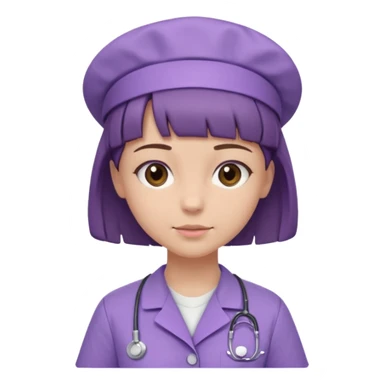 A young female slim nurse with short Brown hair with fringe over her forehead, wearing larvendar purple working cloth, show her hair style without any head wear sticker