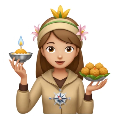 create an image similar to an emoji of a pinni / laddoo as an assamese girl navigating using a compass. She also has a lily on her head. Do not make her very human sticker