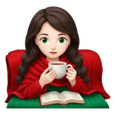 Long wavy dark brown haired, white skinned, dark green eyed girl wrapped in a red and white blanket, sipping tea and reading a book sticker