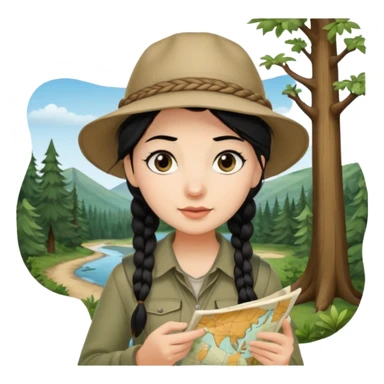 A braid black hair backpacking woman checking her map with curious eyes while wandering in the woods with camping hat sticker