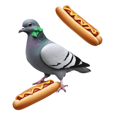 Pigeon with cubs hat and a hotdog sticker