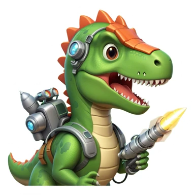 rocket-propelled dinosaur portrait, head and shoulders only, cute T-rex face, rocket pack visible behind shoulders, glowing thrusters, 3D cartoon, mobile game icon style, clean background, no text, no watermark sticker